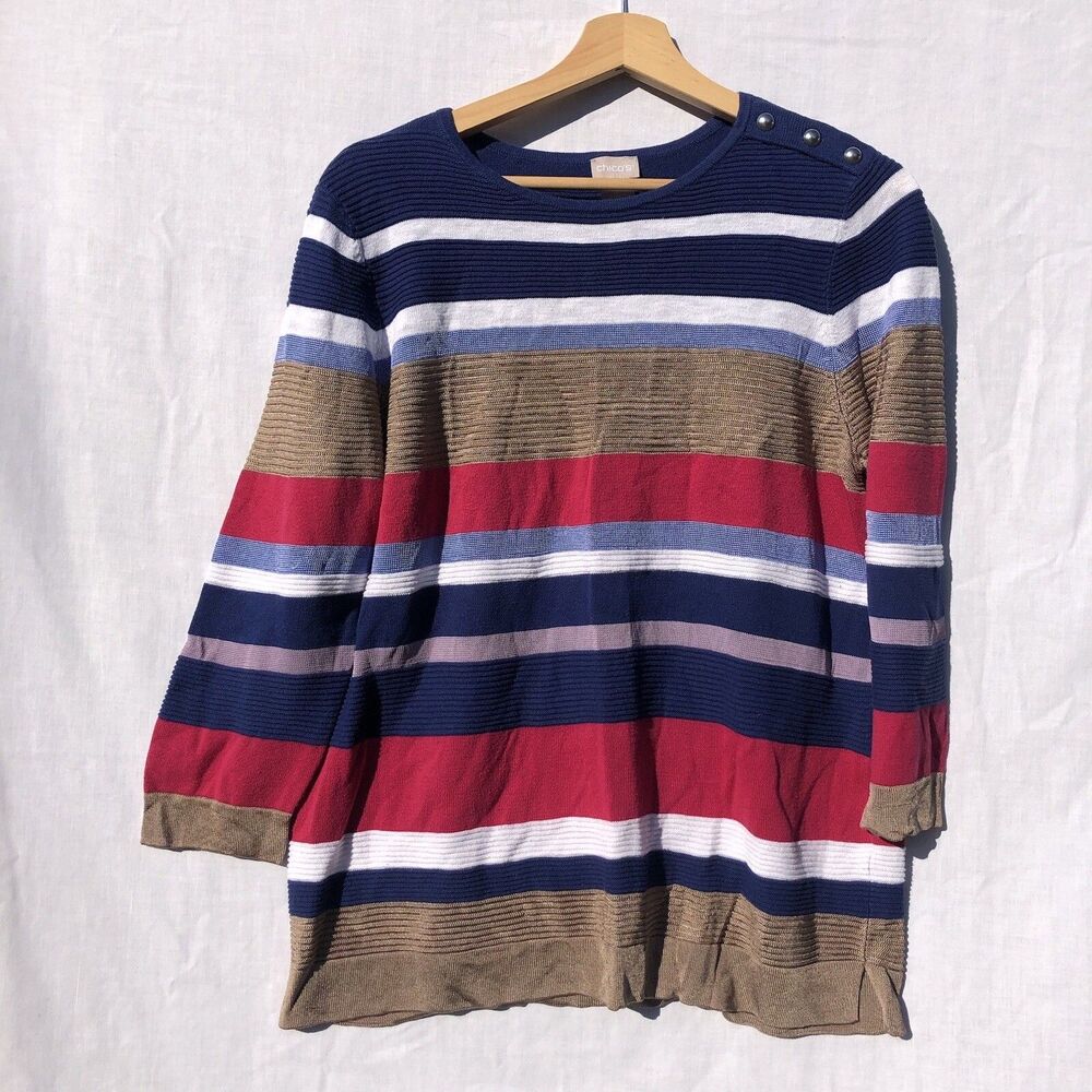 Chico's Size 2 Blue Pink White Beige Knit Top Shirt Cotton Blend 3/4 Sleeve